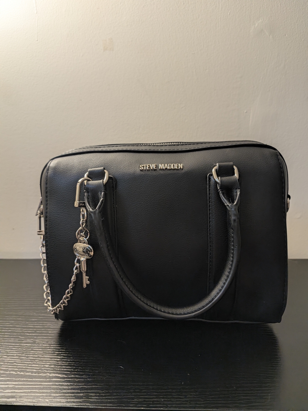 Steve Madden Black Faux Leather Satchel with Chain Charm